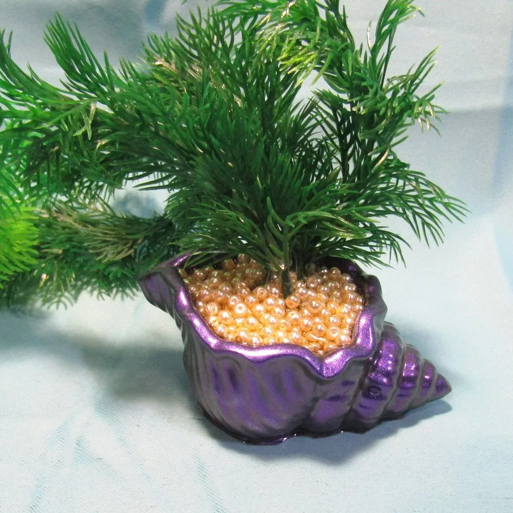 Aquarium Decoration - Purple Shell with Green Artificial Plant and Pearls.